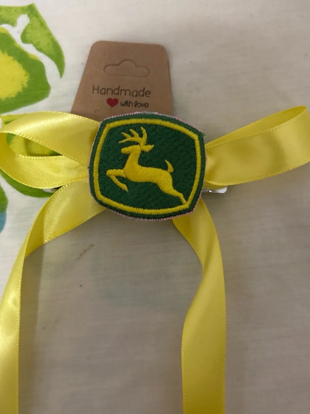 Handmade Yellow Ribbon Hair Bow with Green Patch - Kids Accessories